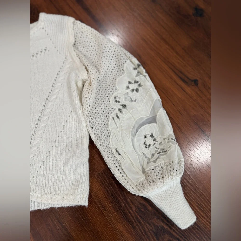Anthropologie women's Eyelet Lace Sweater Ivory XS balloon embroidered sleeves - Picture 6 of 14